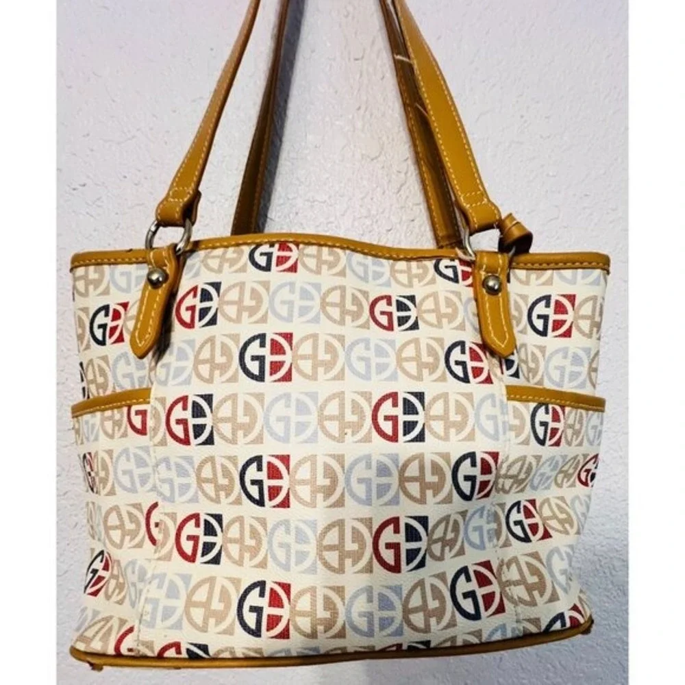 Giani Bernini Tote Beach Bag Large Multicolor Logo Print Pockets‎ Zip Purse